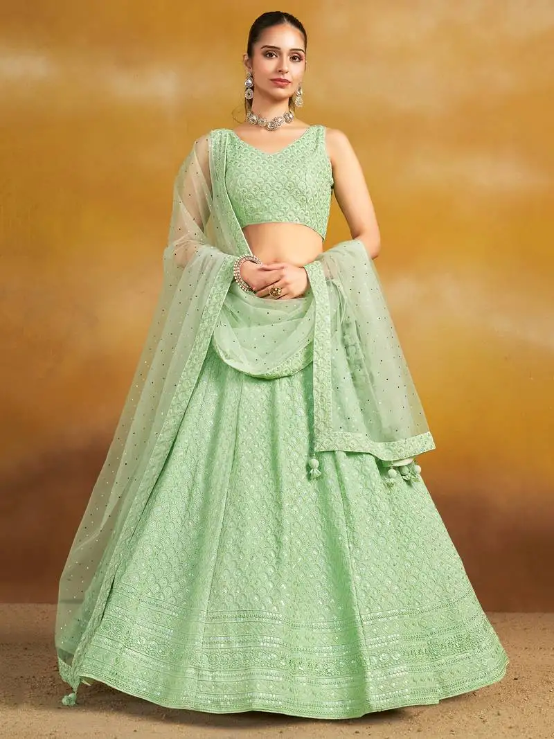 Gorgeous mint green sequins and thread embroidered georgette designer indian wedding & party wear lehenga choli dress