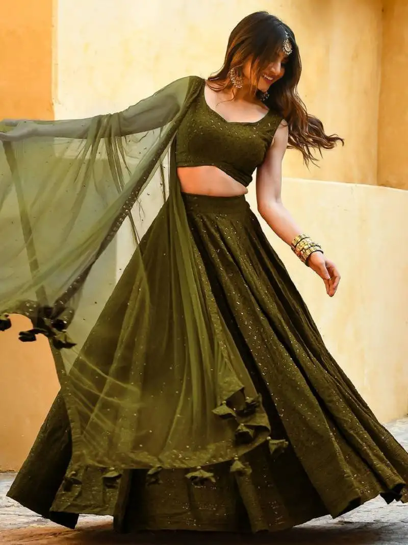 Fabulous mahendi-green embroidered georgette reception wear indian wedding lehenga dress