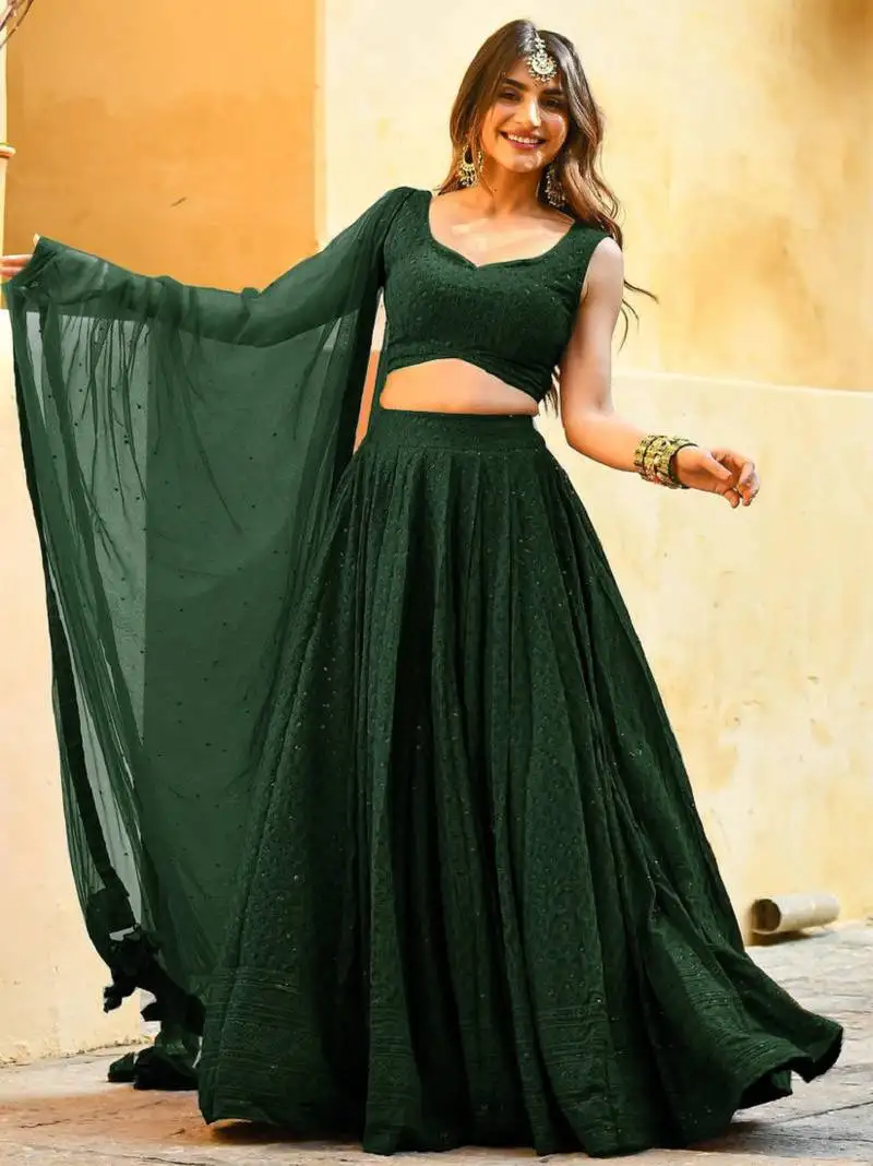 Green sequins embroidered georgette engagement wear bridesmaid indian wedding lehenga