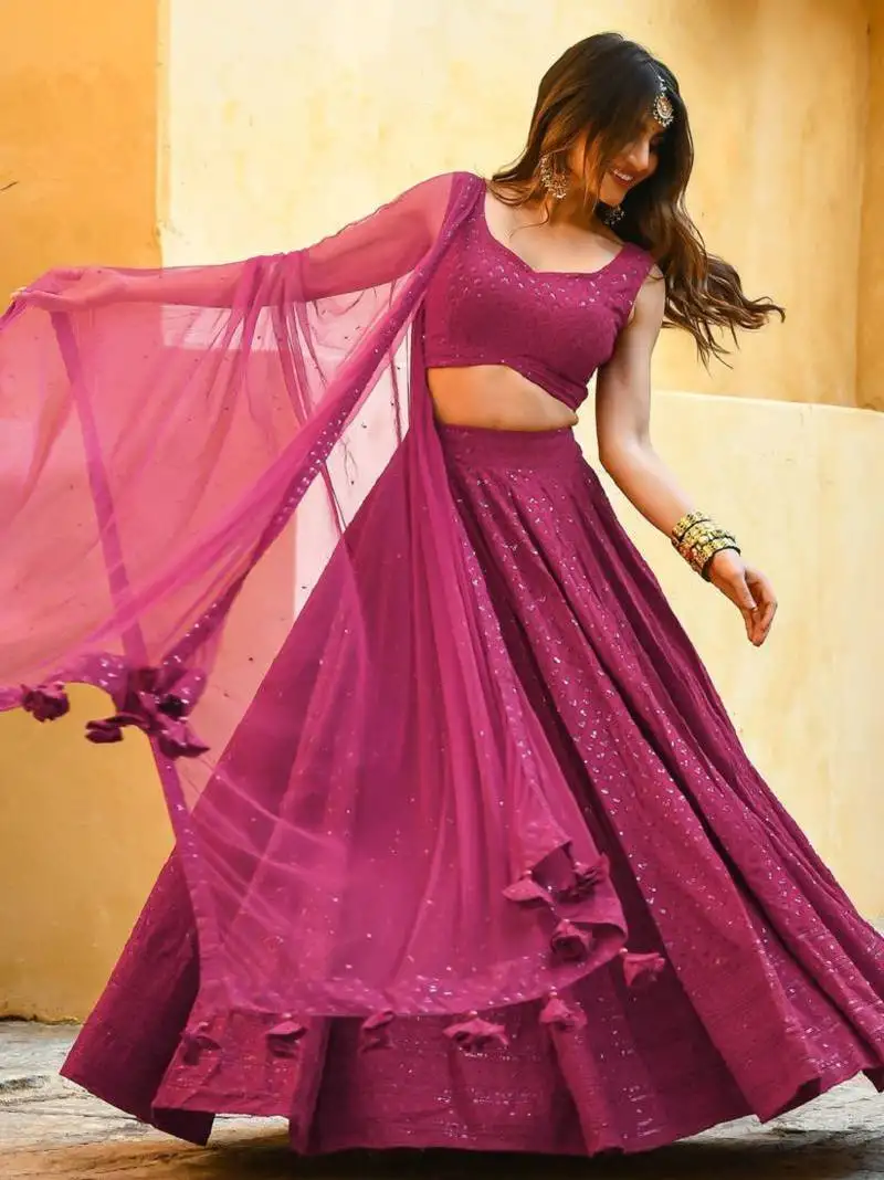 Pink sequins & thread embroidered georgette fabric engagement wear bridesmaid indian wedding lehenga dress