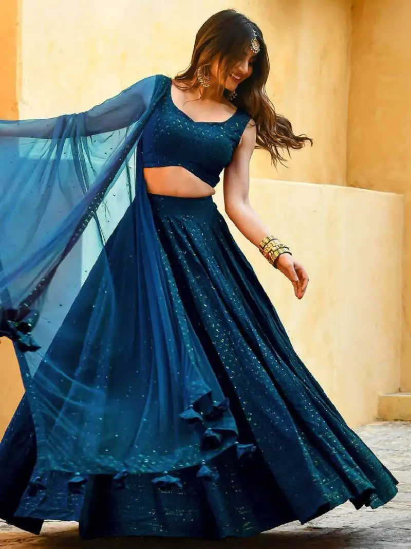 Teal-blue sequins embroidered georgette designer indian wedding lehenga dress