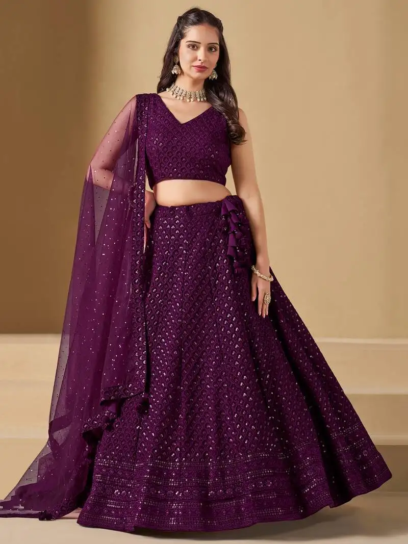 Wine colored sequins & thread embroidered georgette designer indian wedding bridal party wear lehenga dress