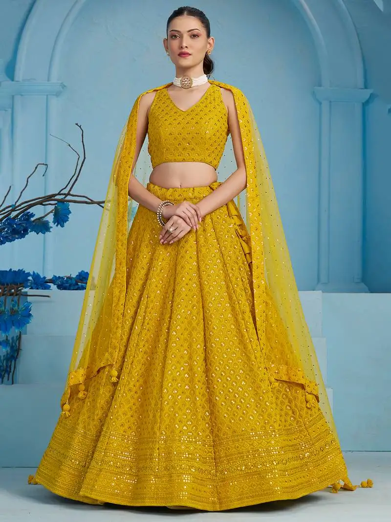 Mustard yellow sequins & thread embroidered georgette reception wear indian wedding bridal lehenga choli dress
