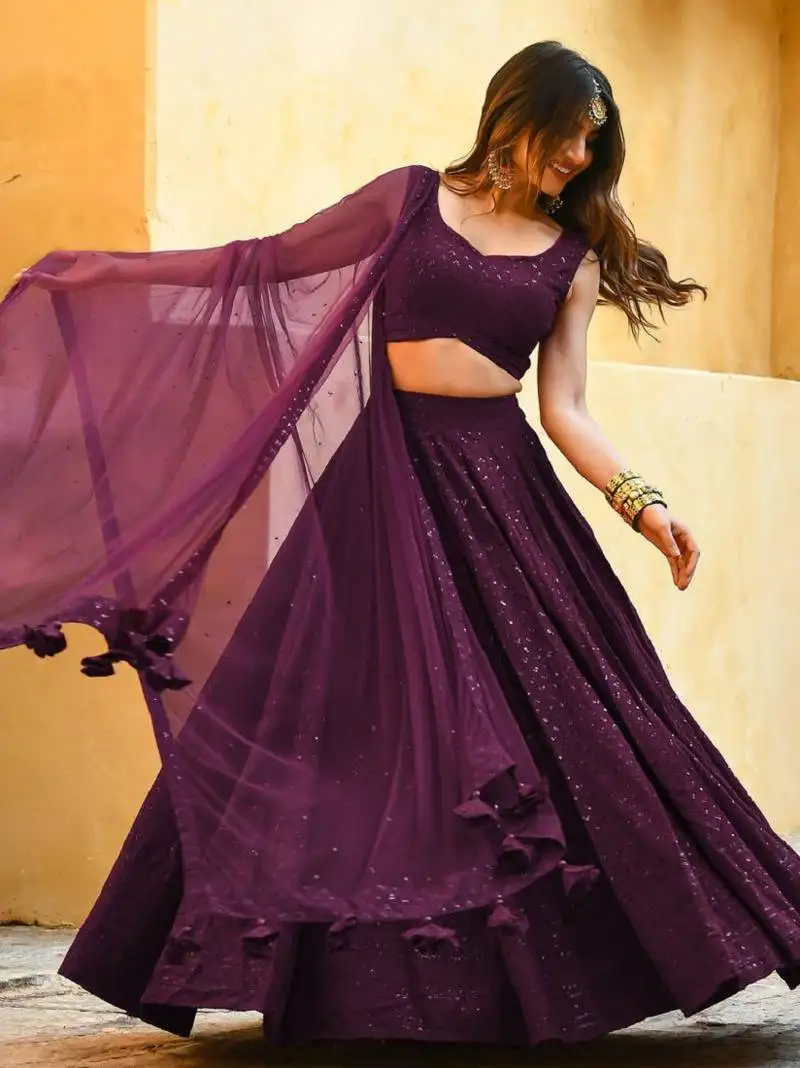 Wine sequins embroidered georgette designer indian wedding lehenga dress