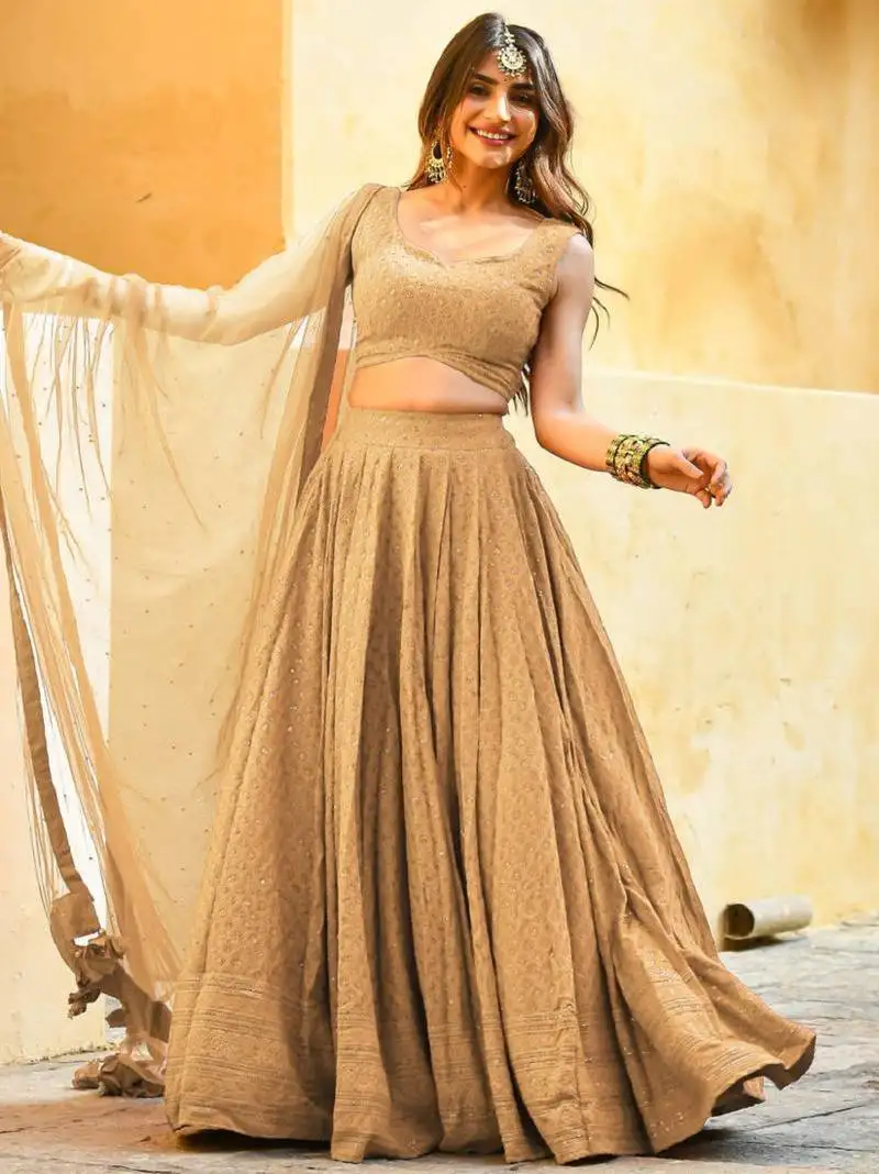 Fabulous beige embroidered georgette reception wear indian wedding lehenga dress