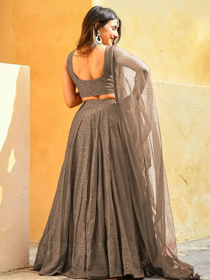Grey sequins embroidered georgette engagement wear indian wedding lehenga dress