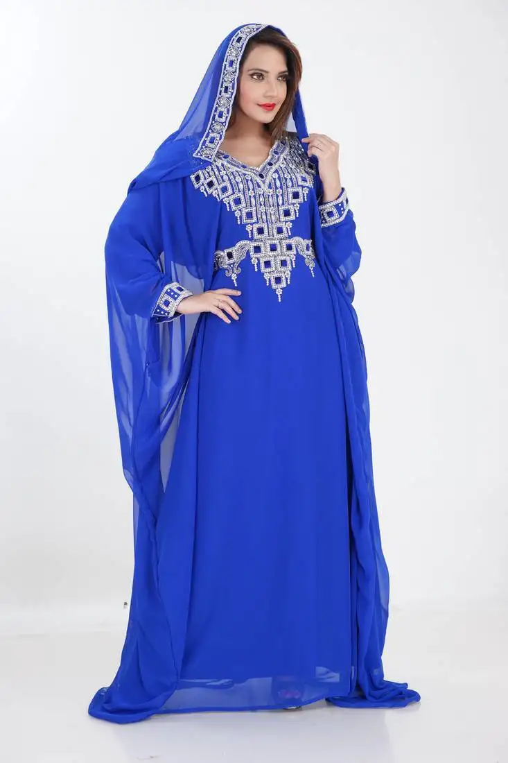 Blue kaftan women dress long gown farasha morocco jalabiya maxi wear