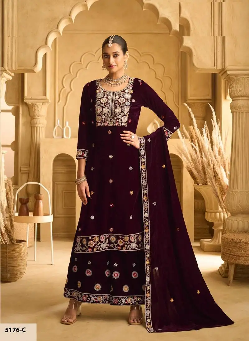 Maroon velvet sharara salwar suit semi stitched