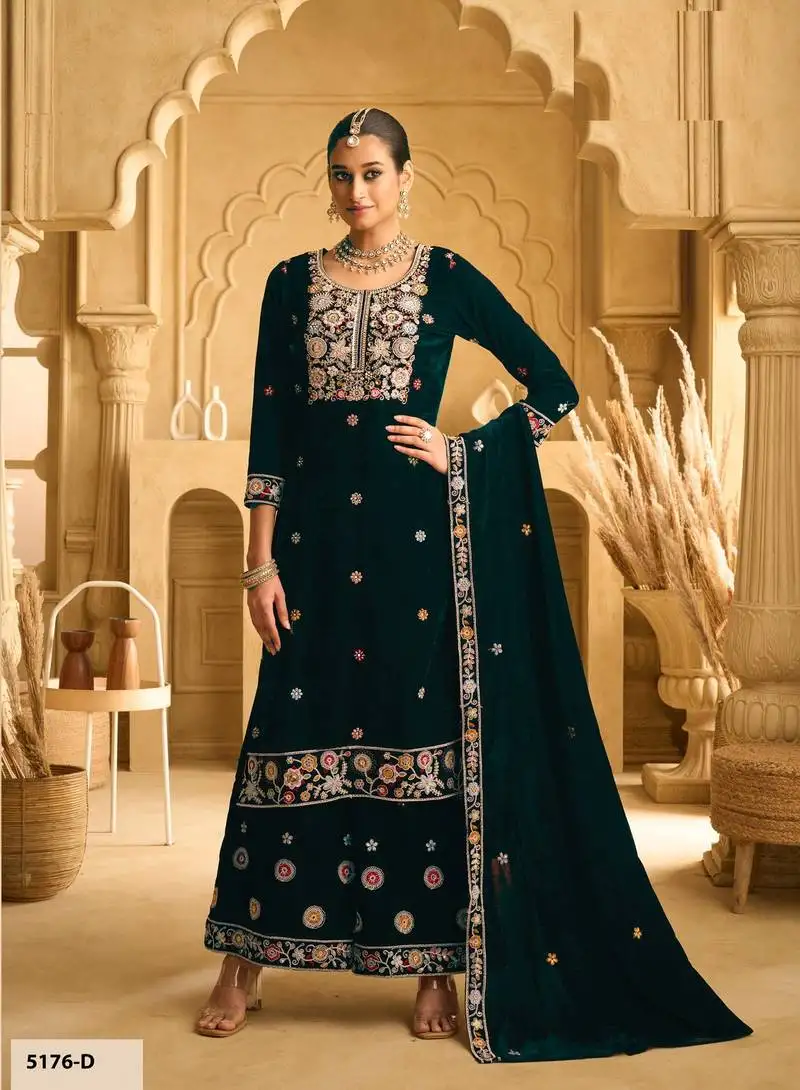 Teal green velvet sharara salwar suit semi stitched