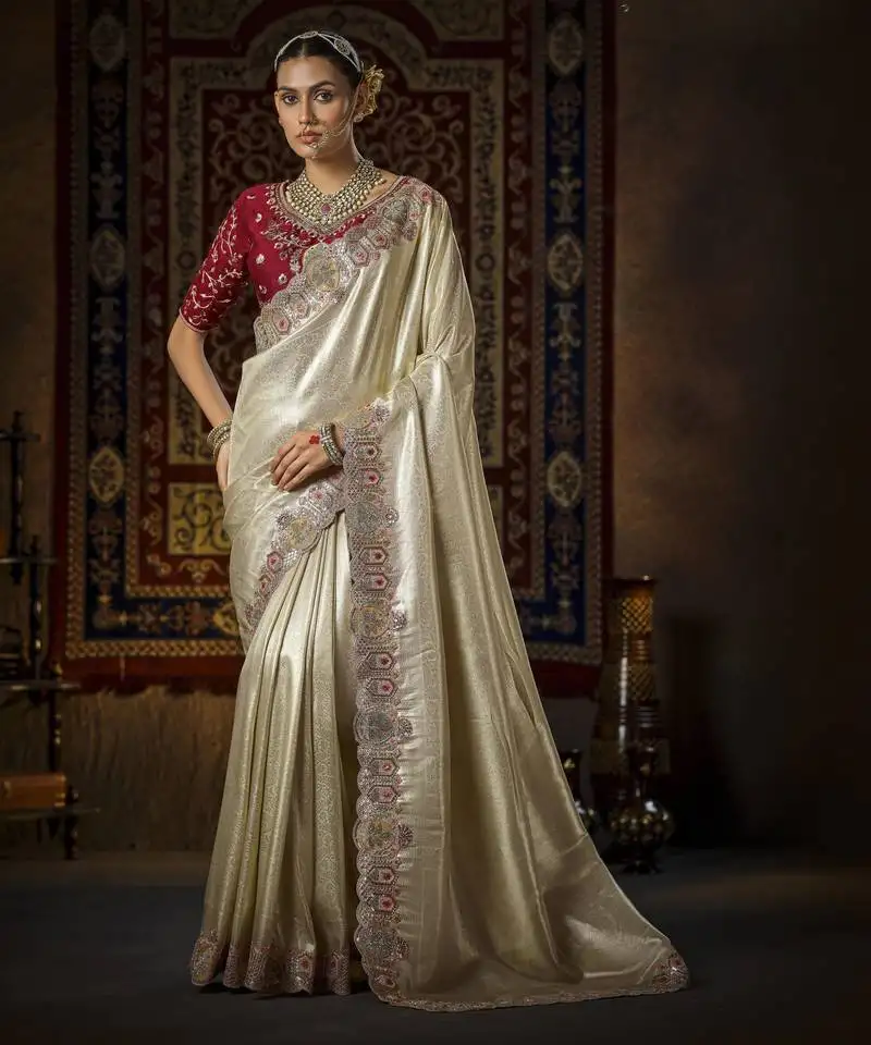 Cream silk blend blend wedding saree