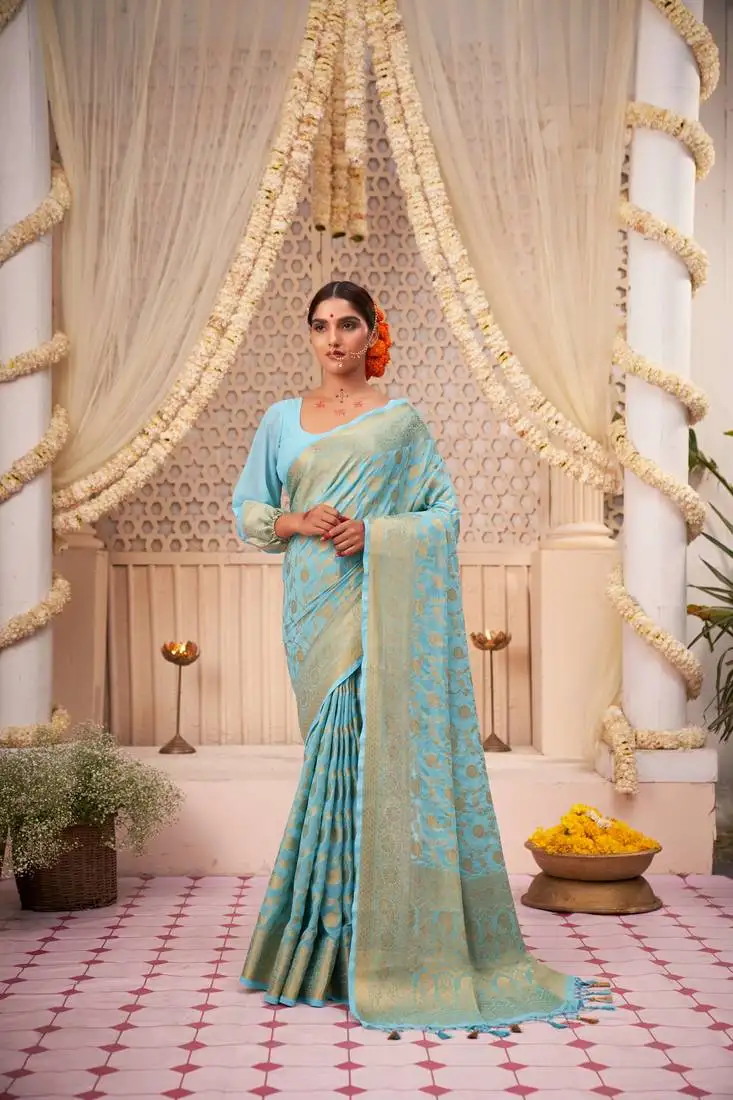 Light blue zari woven banarasi soft georgette saree