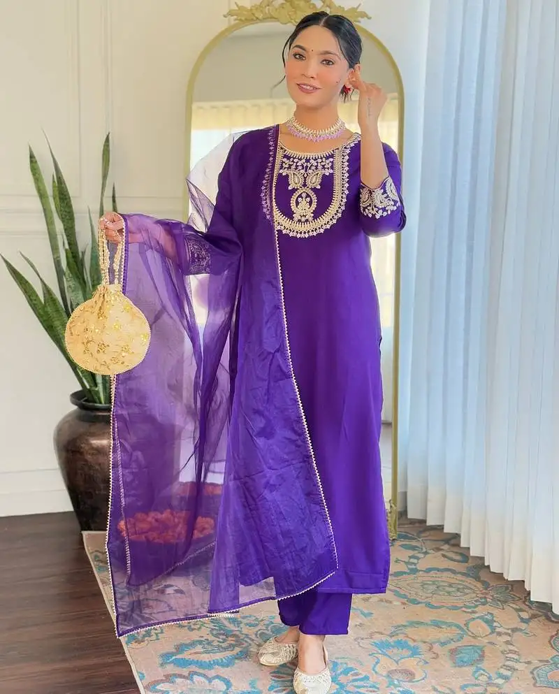 Beautiful embroidery work with rayon slub fabric straight kurta, pant and dupatta set