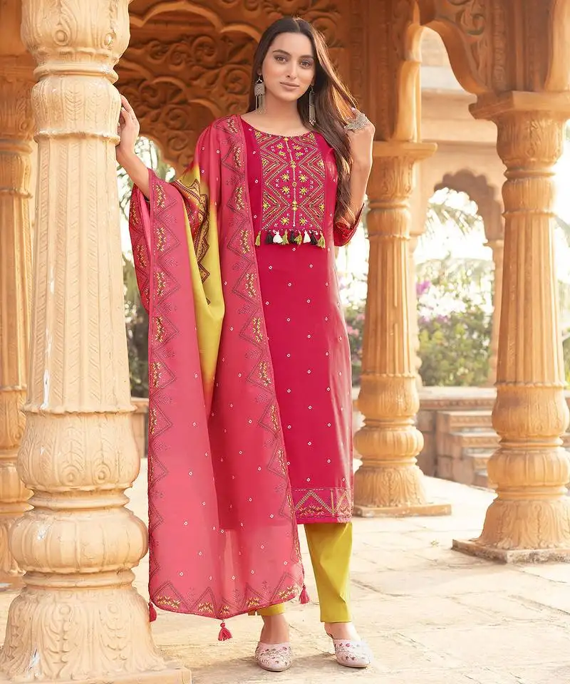 Women kurta heavy rayon hand work kurta with trousers & with dupatta