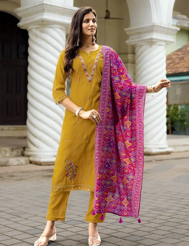 Women viscos weaving hand & threadwork kurta with trousers & with dupatta