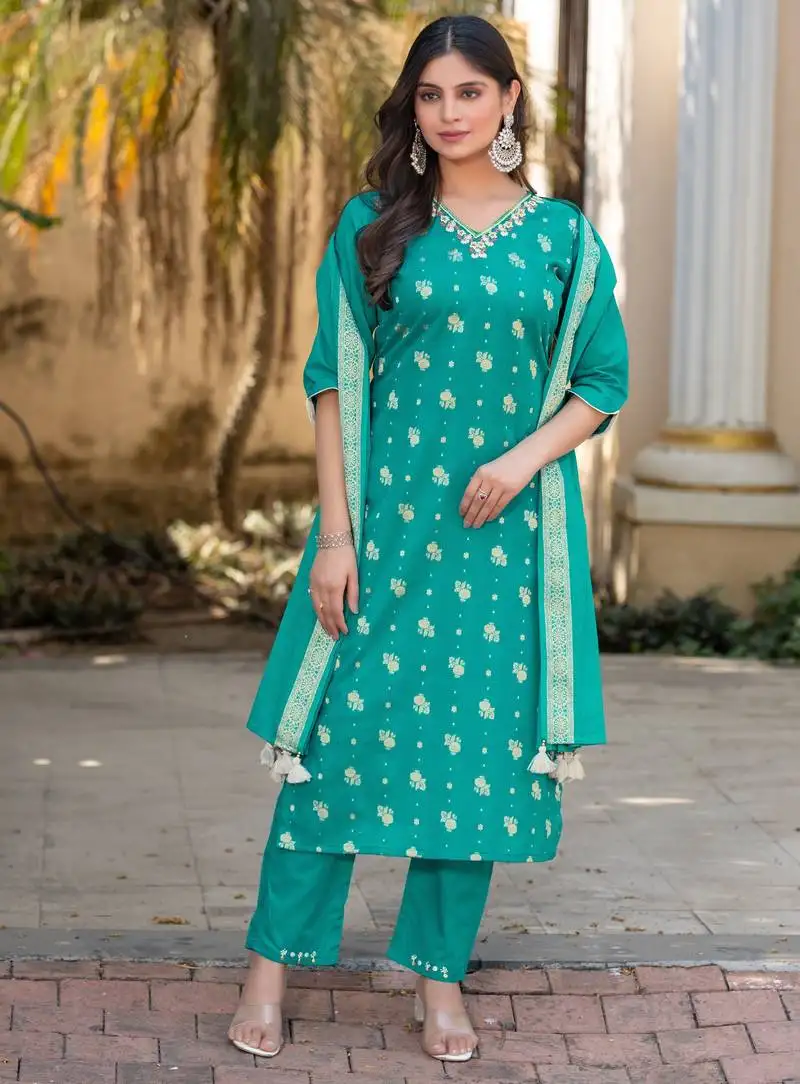 Women cotton jequrd kurta with trouser & dupatta