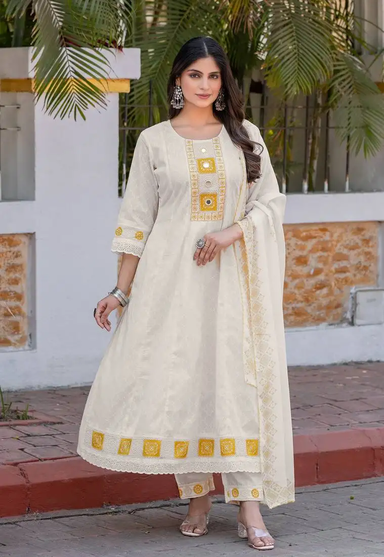 Embroidered thread work pure cotton anarkali kurta with trousers & dupatta
