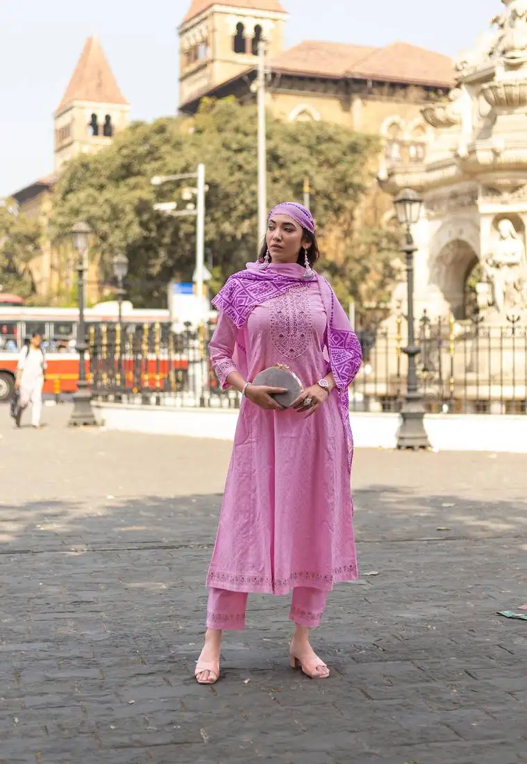 Pink anarkali kurta with trousers & dupatta