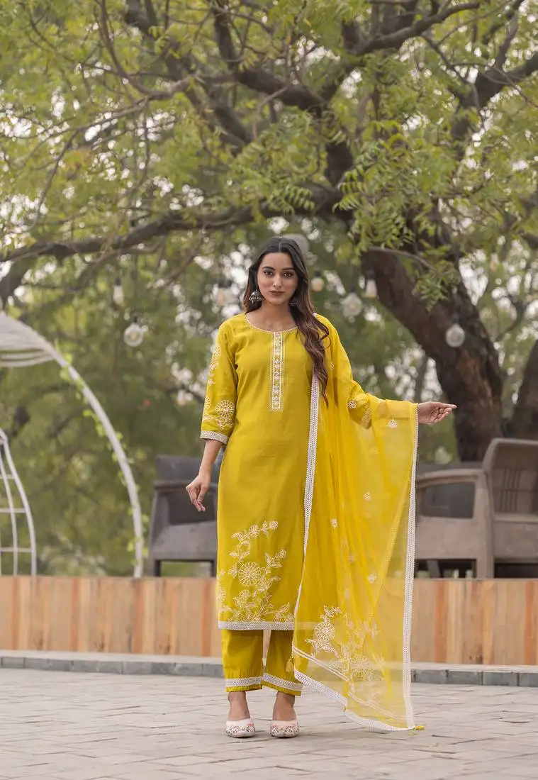 Yellow weaving straight kurta with pant and dupatta suit set