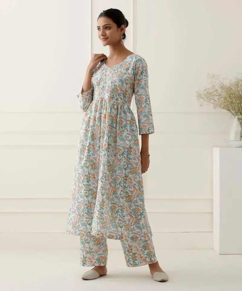 Multicolor floral printed cotton kurta set