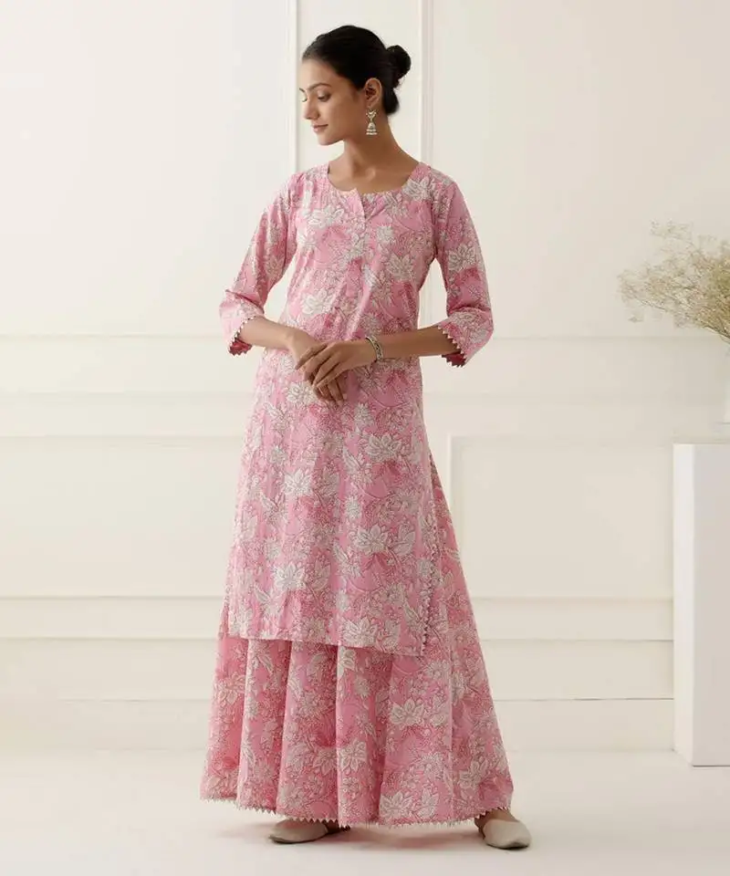 Pink cotton silk floral printed kurta set