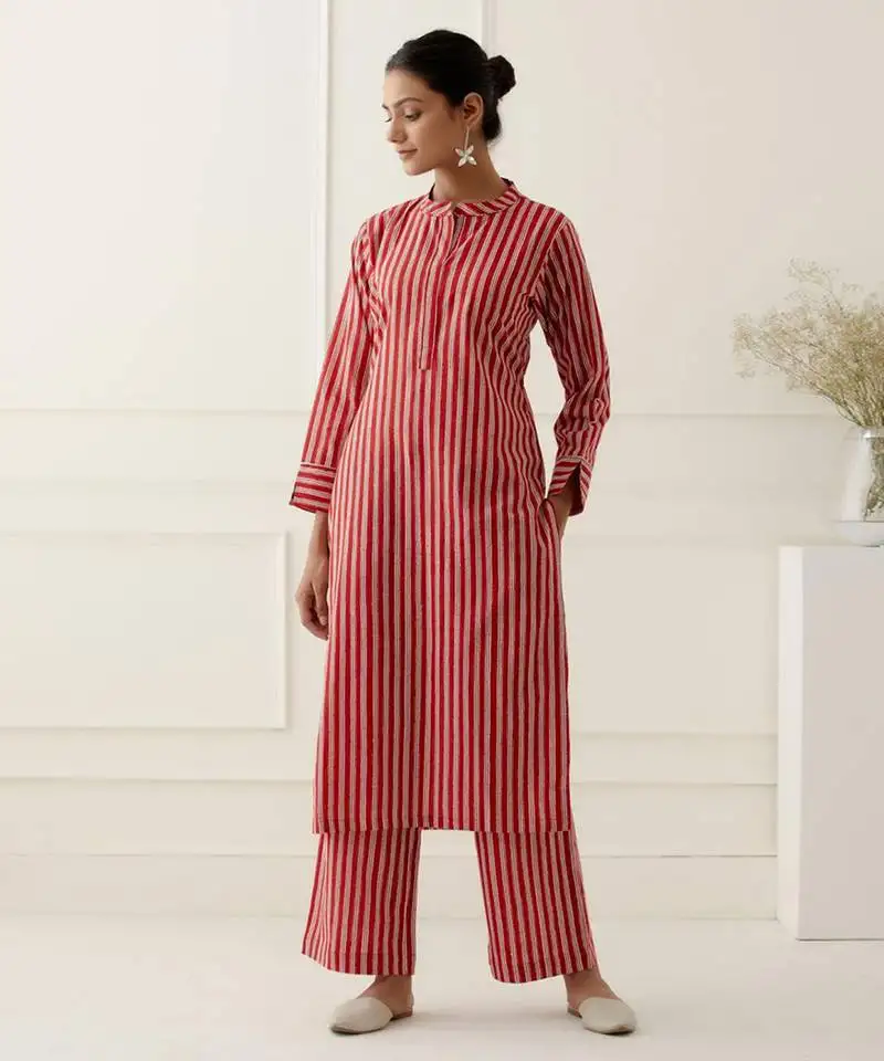 Red cotton stripes printed kurta set