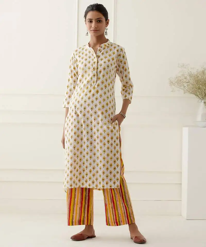 White cotton floral printed kurta set