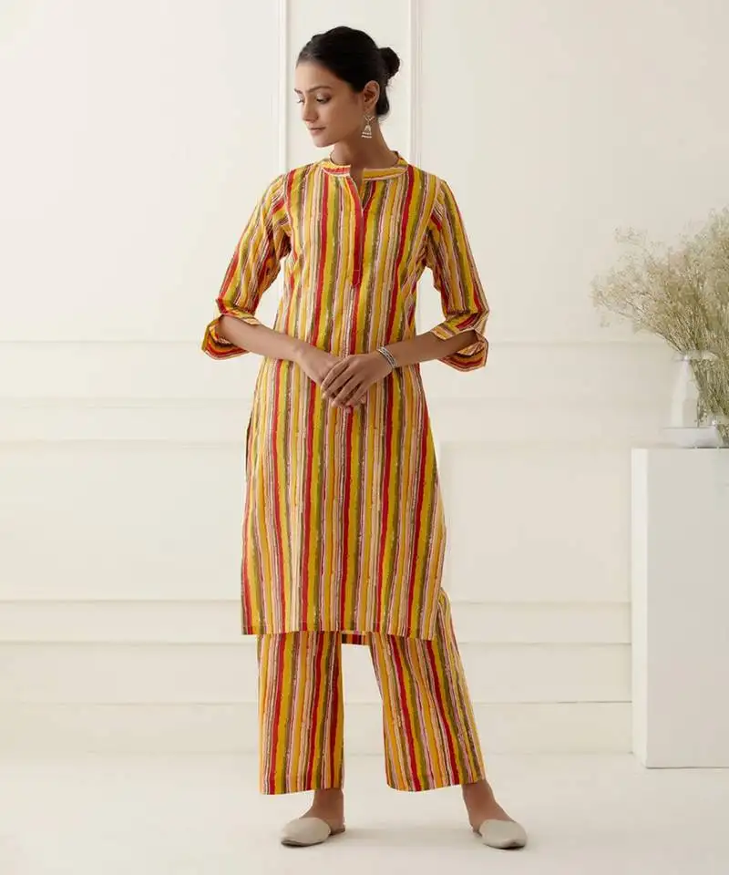 Yellow cotton stripes printed kurta set