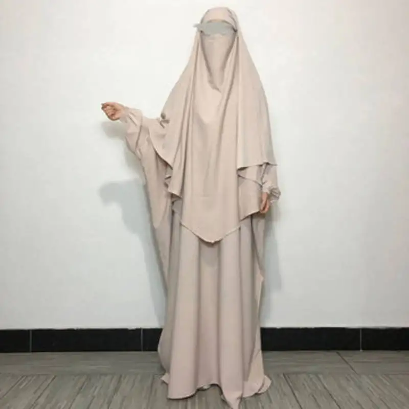 Modest city casual abaya and khimar - light beige, plain crepe, full sleeve
