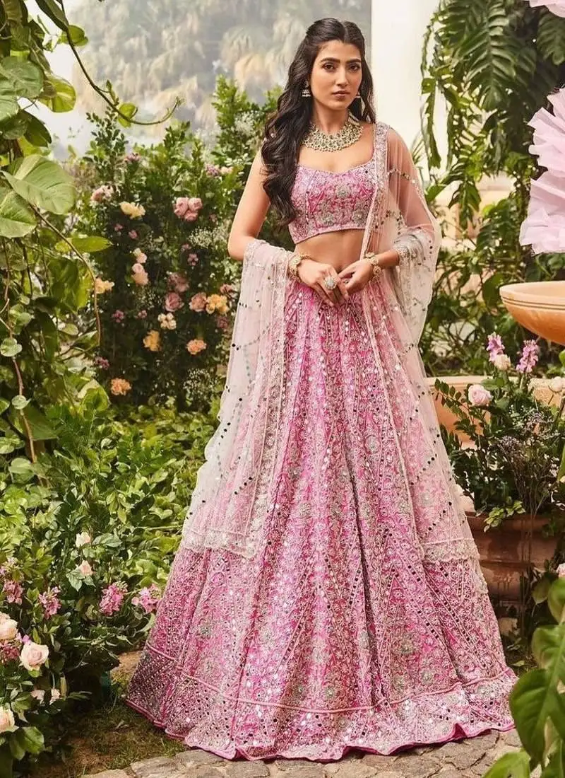 Gajri pink sequins embroidered art silk semi stitched lehenga choli