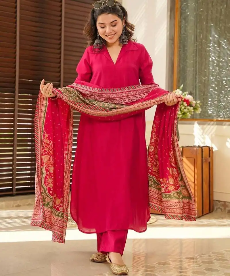 Women's beautiful south cotton fabric straight kurta with pant and dupatta set