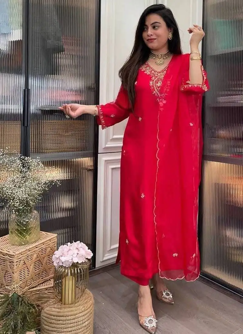 Beautiful embroidery rayon fabric straight kurta pant with dupatta set