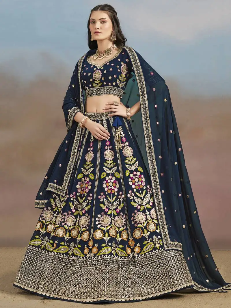 Enchanting navy blue sequins, zari, dori and multi color thread embroidered georgette indian designer wedding lehenga