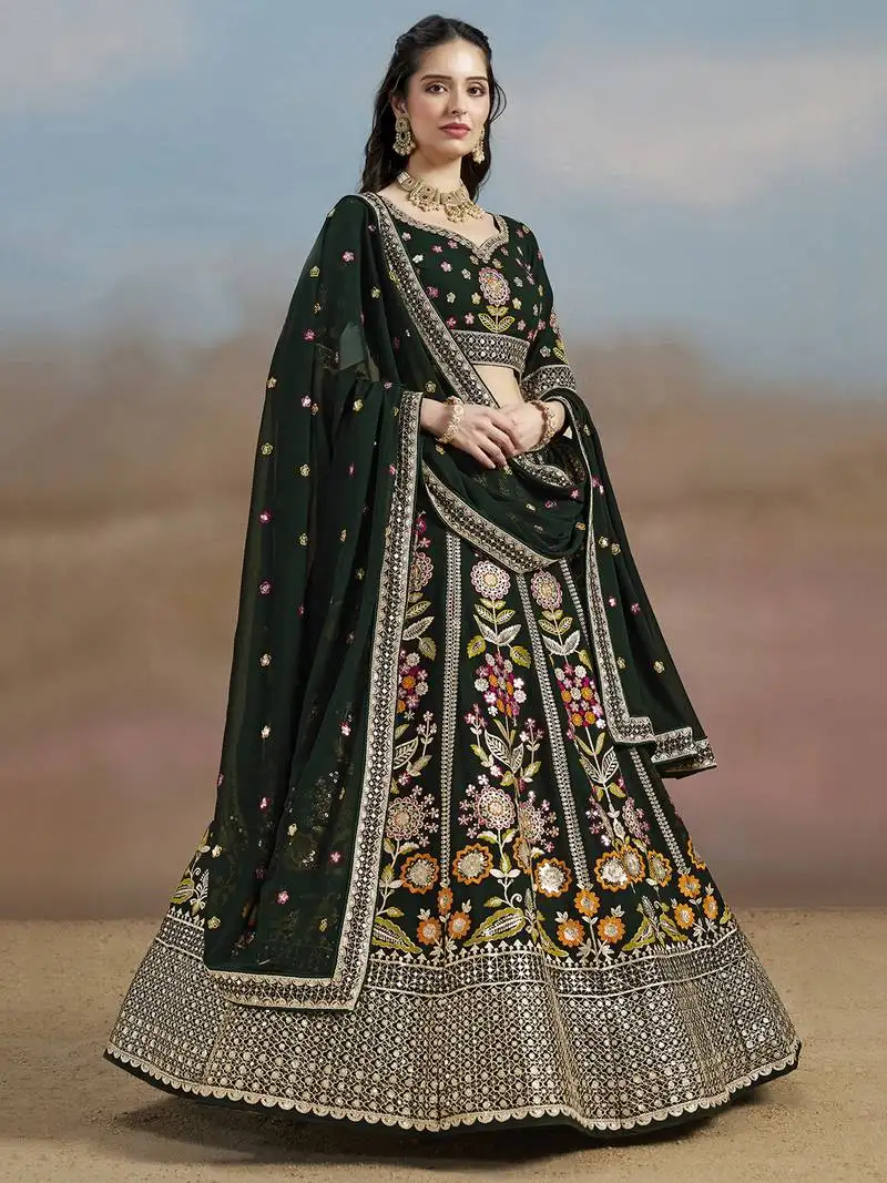 Mesmerizing green sequins, zari, dori and multi color thread embroidered georgette indian wedding designer lehenga dress