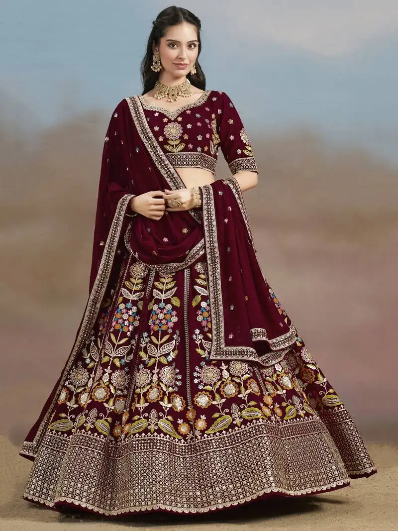 Fabulous maroon sequins, zari, dori and multi color thread embroidered georgette designer wedding indian lehenga dress