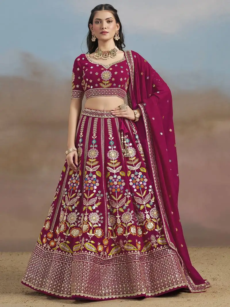 Pink thread work georgette lehenga with blouse