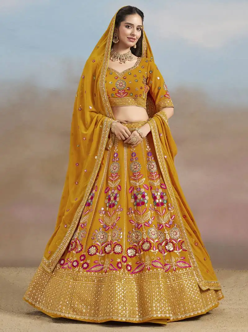 Yellow zari work georgette lehenga choli with dupatta