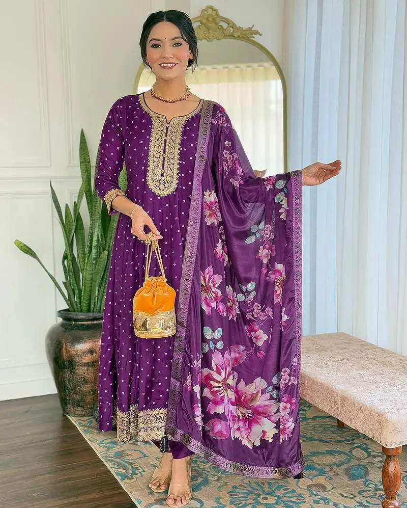 Beautiful embroidery work with vichitra silk fabric flared kurta, pant and dupatta set