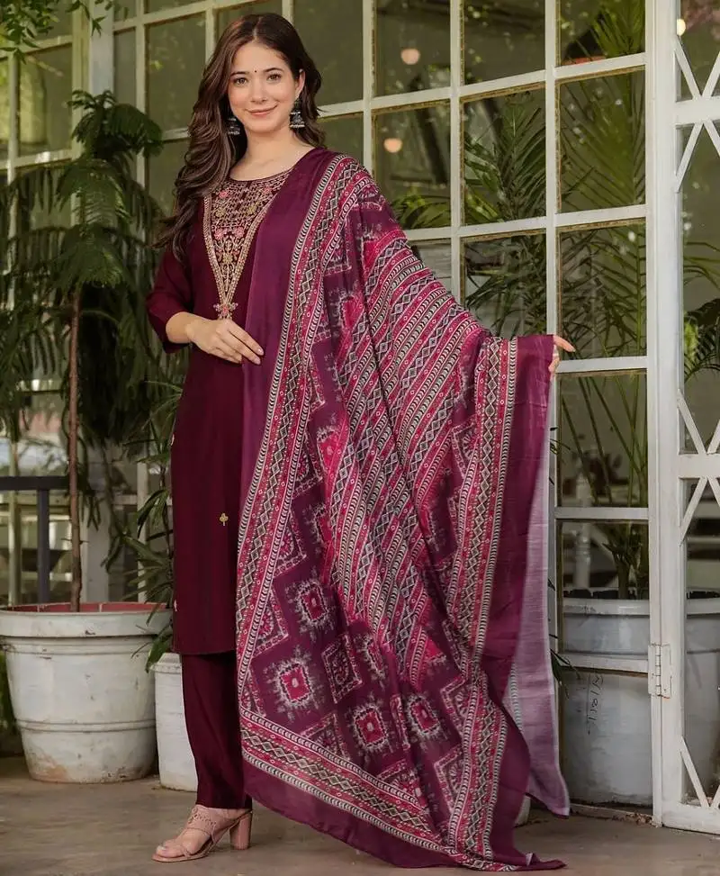 Women's gorgeous rayon slub embroidery straight kurta with pant and dupatta set