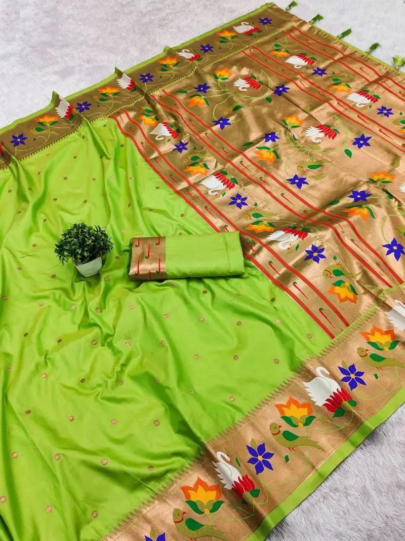 Parrot green banarasi silk blend saree with paithani weaved pallu and blouse