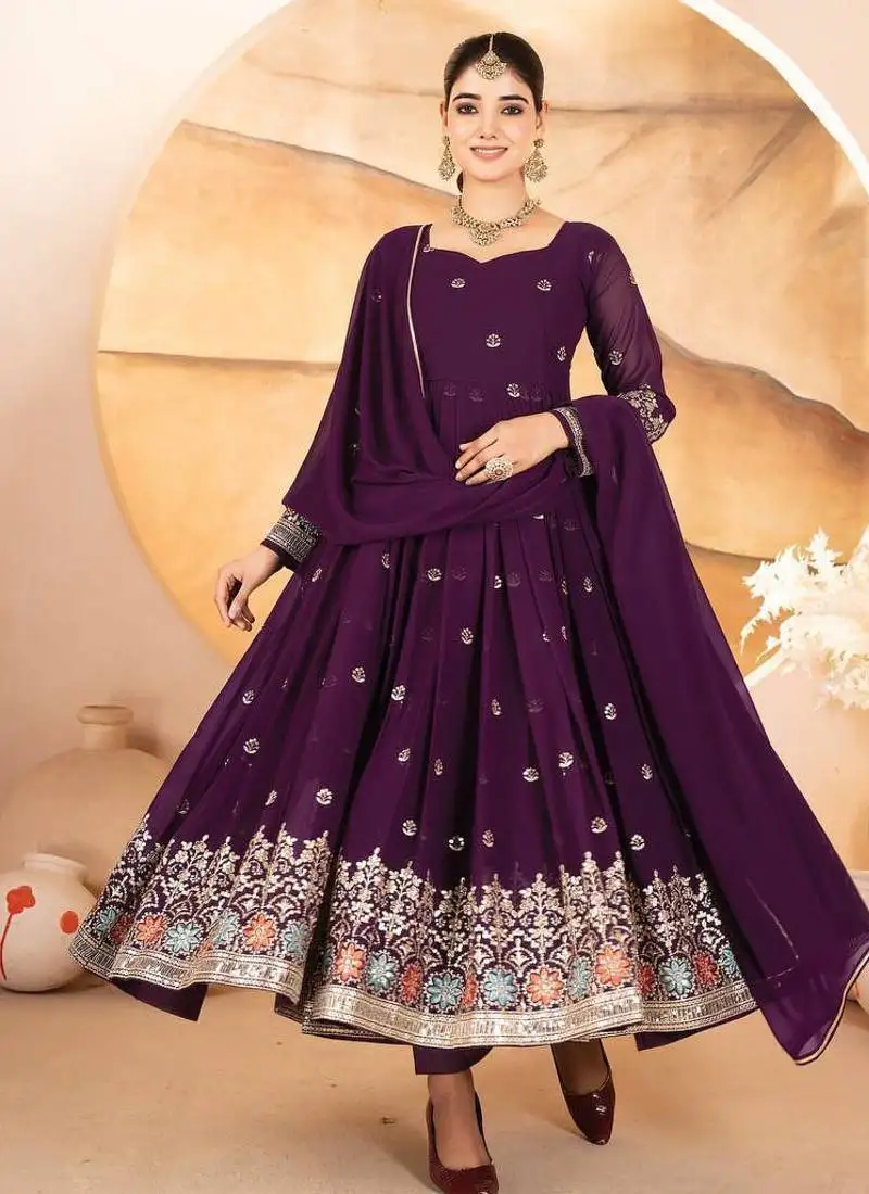 Wine faux blooming embroidery party wear suit set stitched