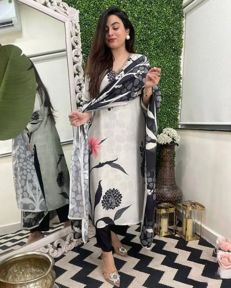 Women's viscose rayon fabric straight printed kurta, pant and dupatta set