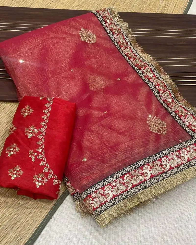 Red crush fabric multi thread sequins embroidered saree