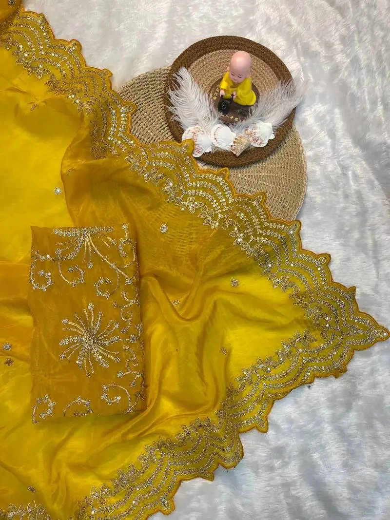 Yellow gold crush embroidered multi thread work saree
