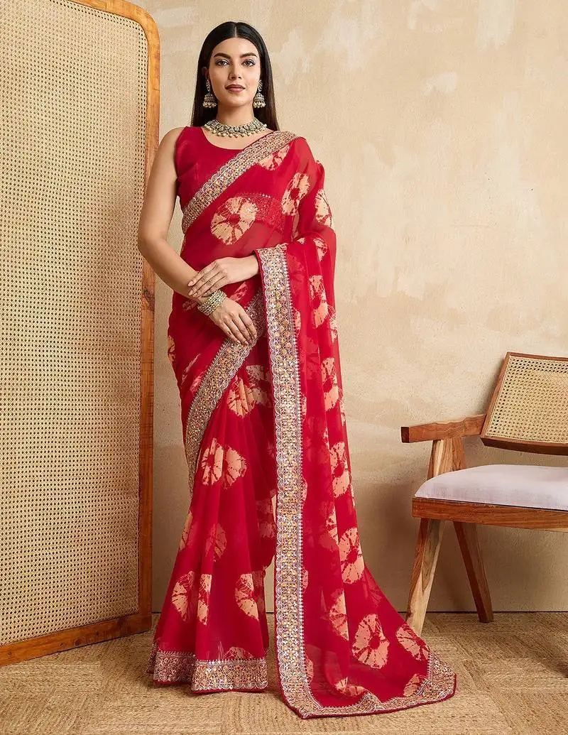 Red party wear soft georgette bandhej saree