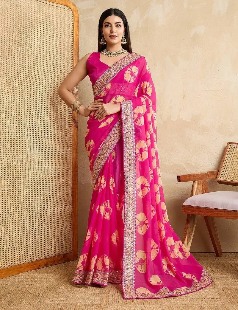 Pink party wear soft georgette bandhej saree