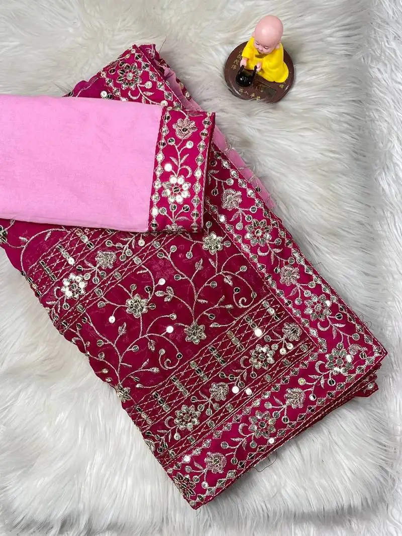 Pink colour soft georgette fabric saree with heavy thread work with unstitched blouse