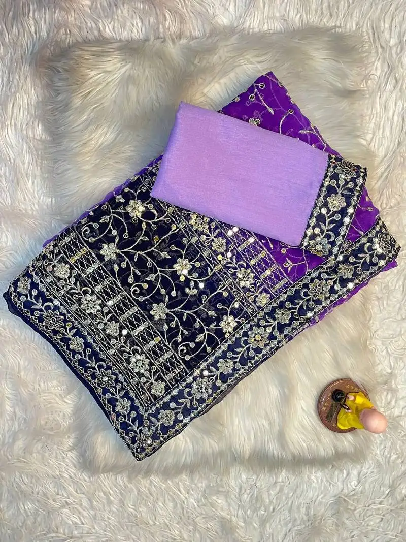 Purple colour soft georgette fabric saree with heavy thread work with unstitched blouse