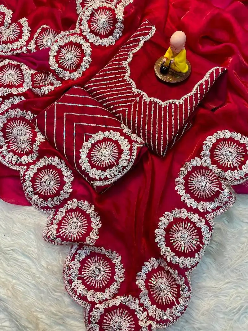 Pink thread and sequins embroidered saree