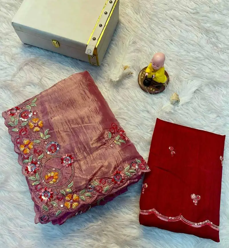 Onion pink gold crush multi thread sequins work saree