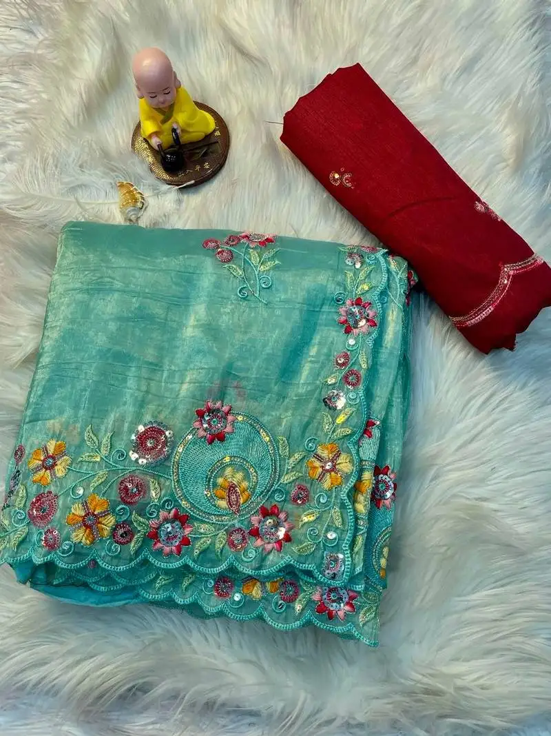 Sky blue gold crush multi thread sequins work saree